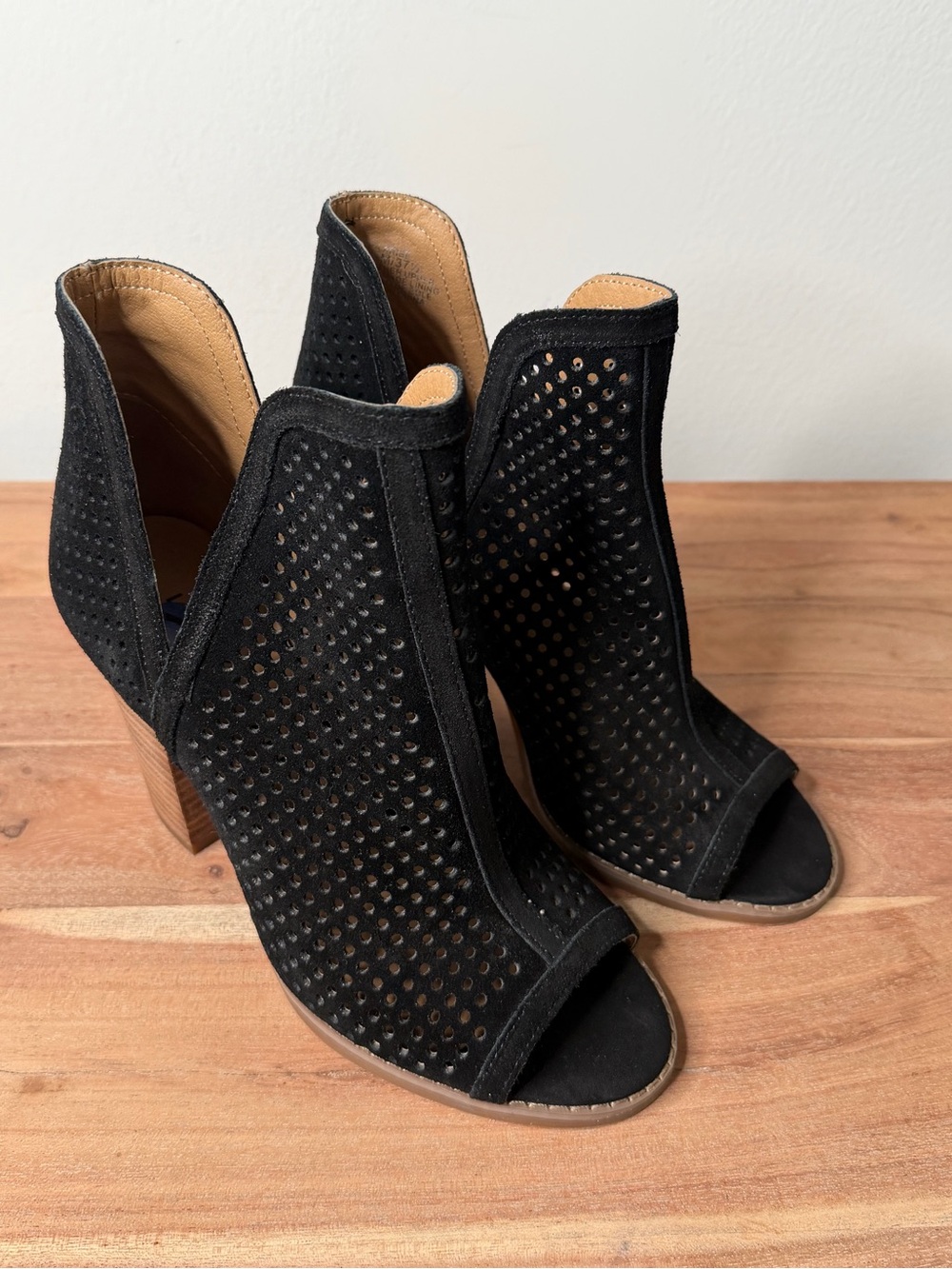 Women's Black Perforated Open-Toe Block Heel Booties